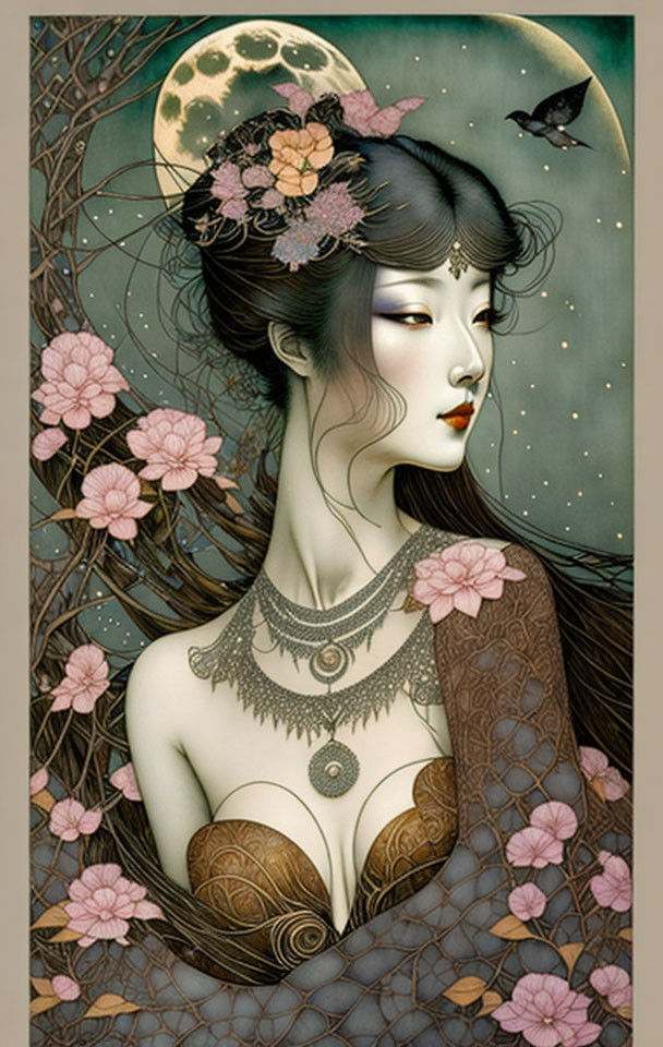 Ethereal woman with floral hair, lunar motifs, bird, intricate patterns, and starry background