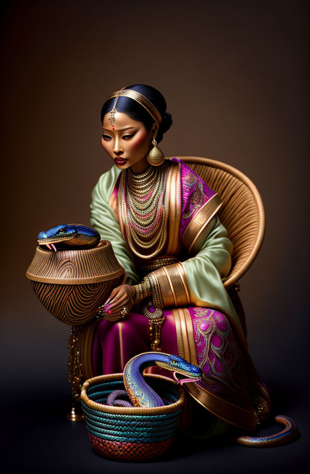 Woman in traditional attire with pot and snake in a brown setting