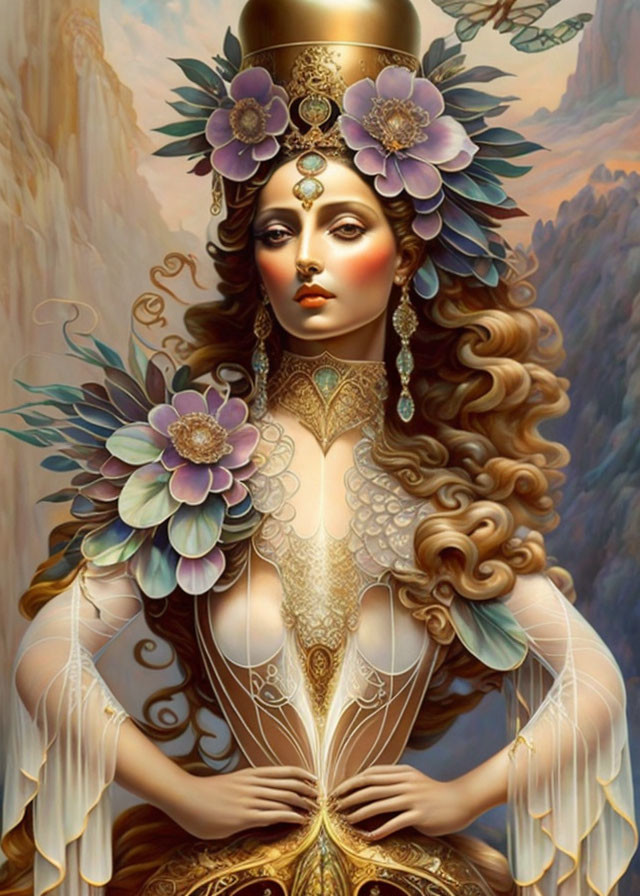 Ethereal woman with floral and golden jewelry in mountainous setting