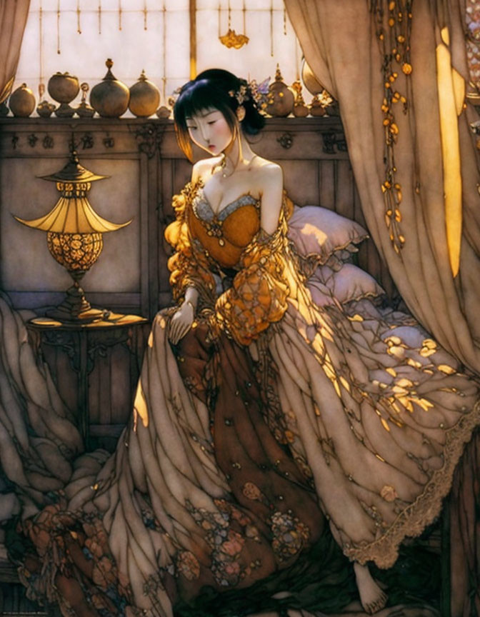 Detailed Illustration: Woman in Golden Dress on Luxurious Bed