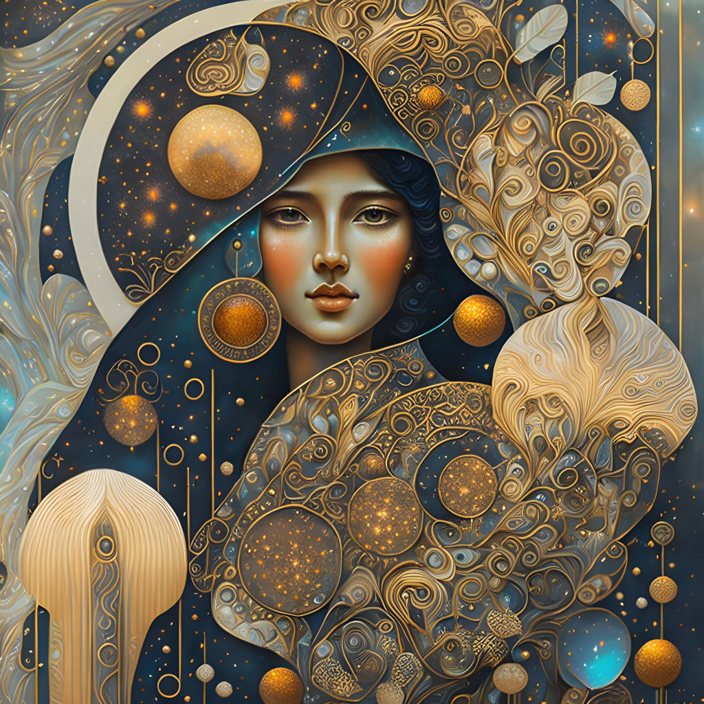 Stylized portrait of a woman with cosmic and ornate art elements