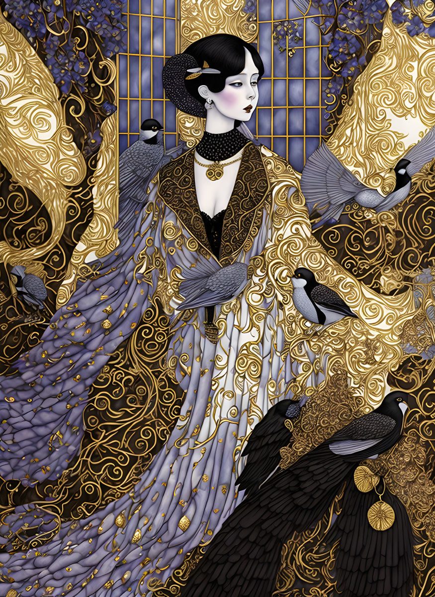 Detailed Illustration: Woman in Golden and Black Kimono with Peacocks