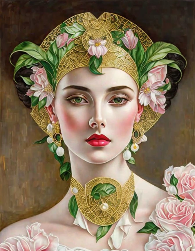 Illustrated woman with green eyes and red lips in ornate gold headpiece and floral necklace against pink