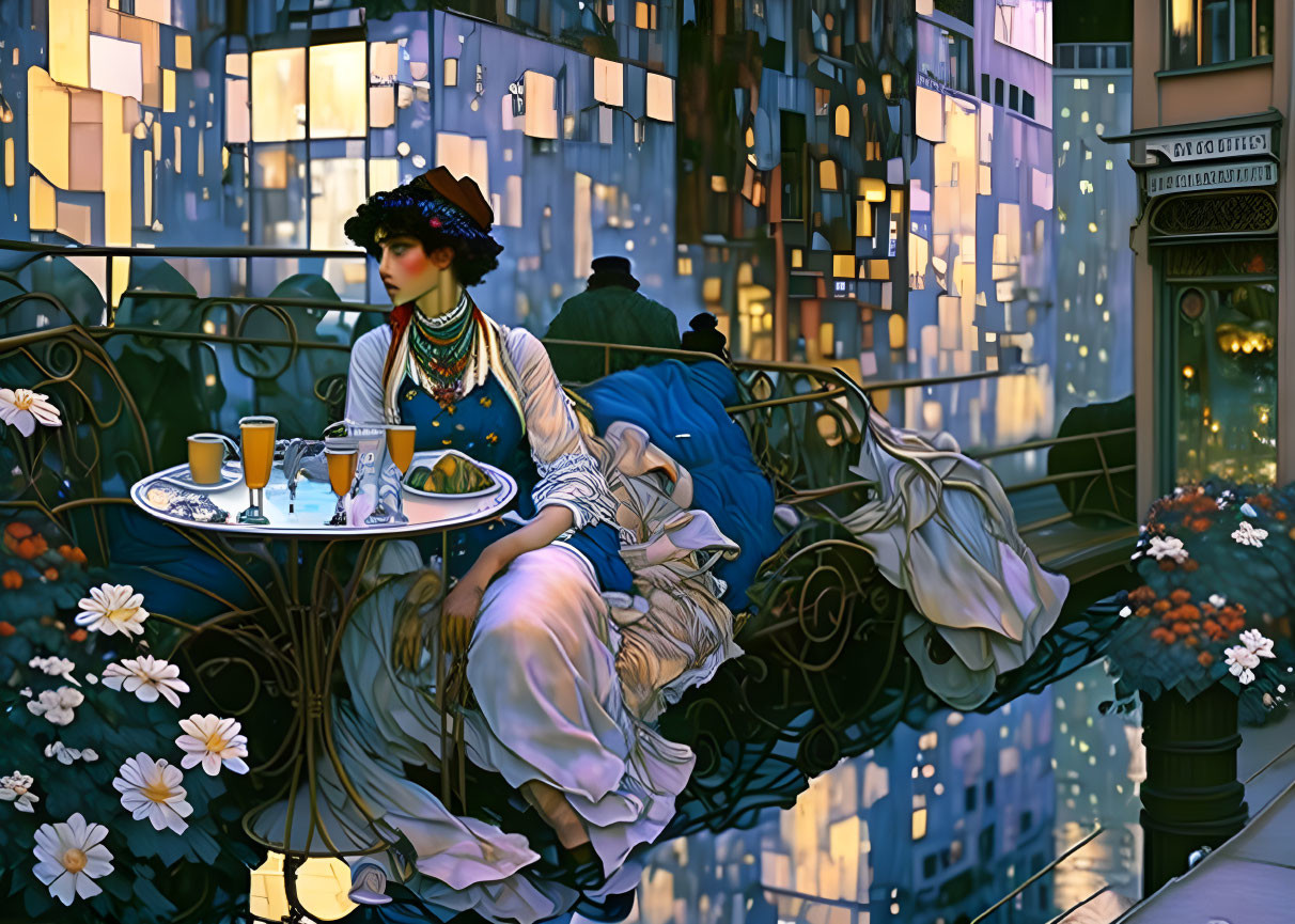 Vintage attired woman at cafe table with meal and drinks, urban evening ambiance