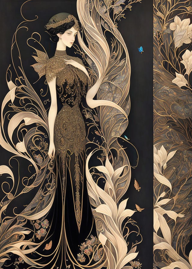 Stylized artwork of woman in black gown with golden hair and floral patterns