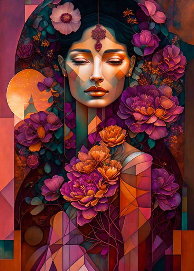 Stylized portrait of woman with floral hair, geometric skin patterns, moonlit backdrop