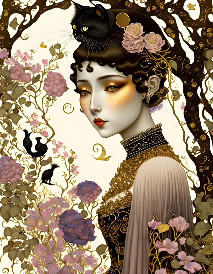 Victorian-style woman portrait with floral and cat elements on gold backdrop