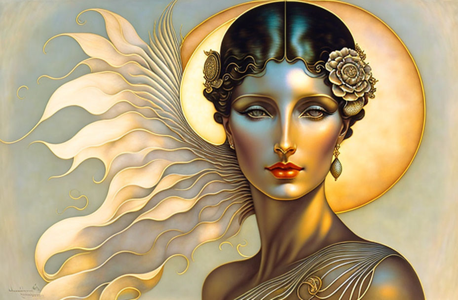 Golden-winged woman with ornate headpiece in warm tones