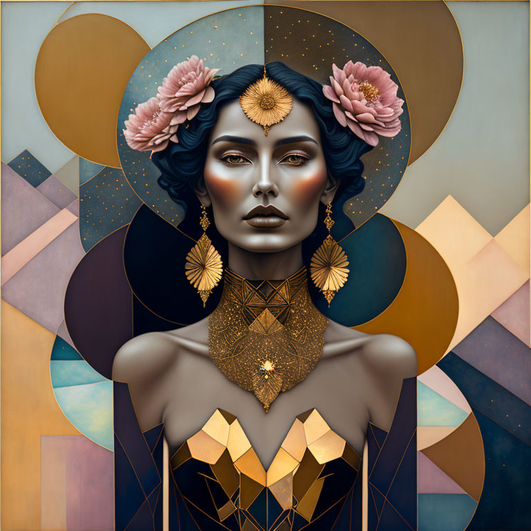 Woman with Golden Accessories and Floral Hair in Geometric Background