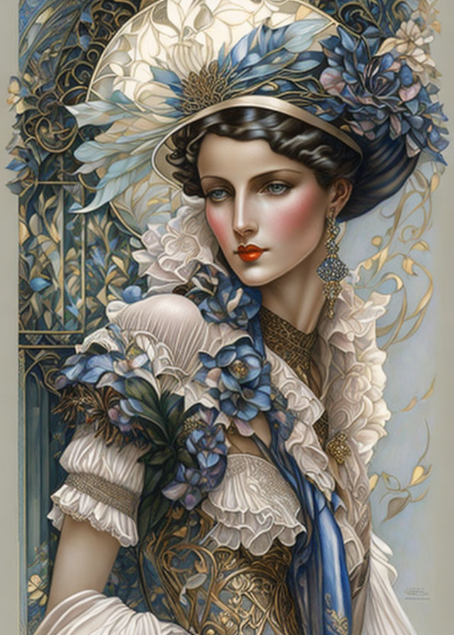 Art Nouveau-style floral hat and attire on elegant woman with intricate patterns and pastel colors