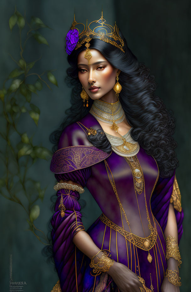 Regal woman in purple and gold dress with butterfly companion