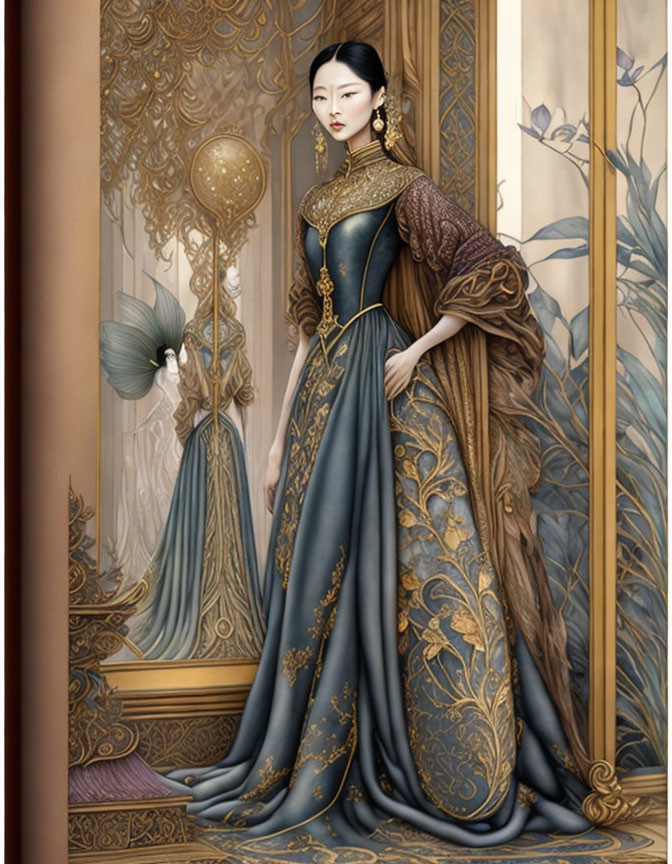 Detailed Blue and Gold Traditional Gown Illustration with Gilded Screen and Ornate Vase