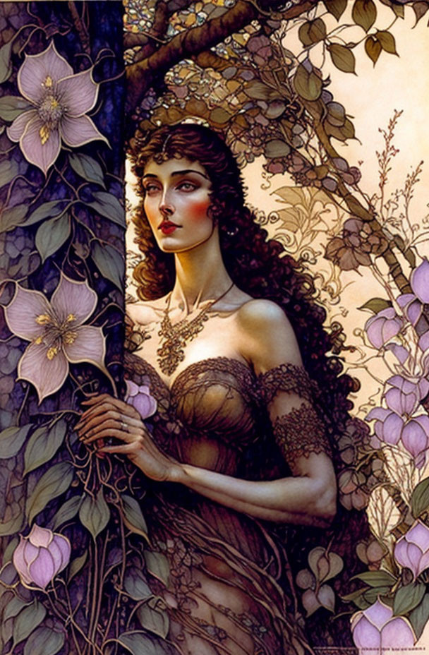 Woman with Flowing Hair and Floral Adornments by Tree Trunk in Purple Blooms