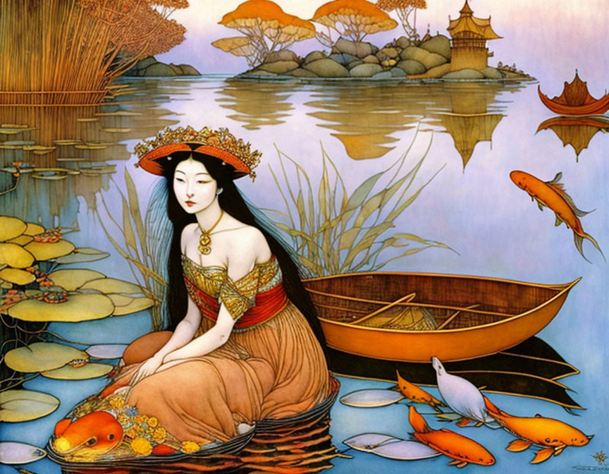 Regal woman by tranquil pond with koi fish and pagoda