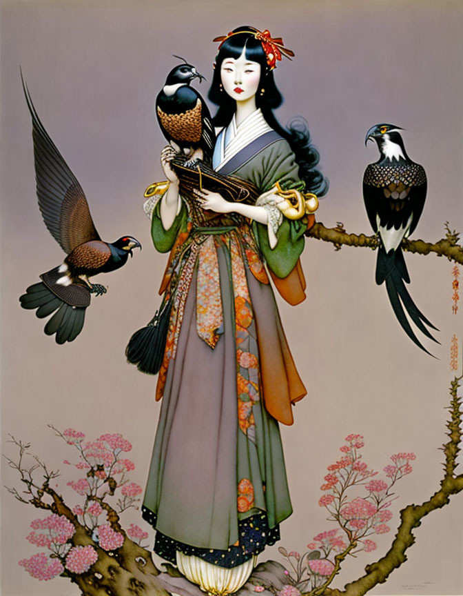 Traditional Attire Woman with Birds in Floral Setting