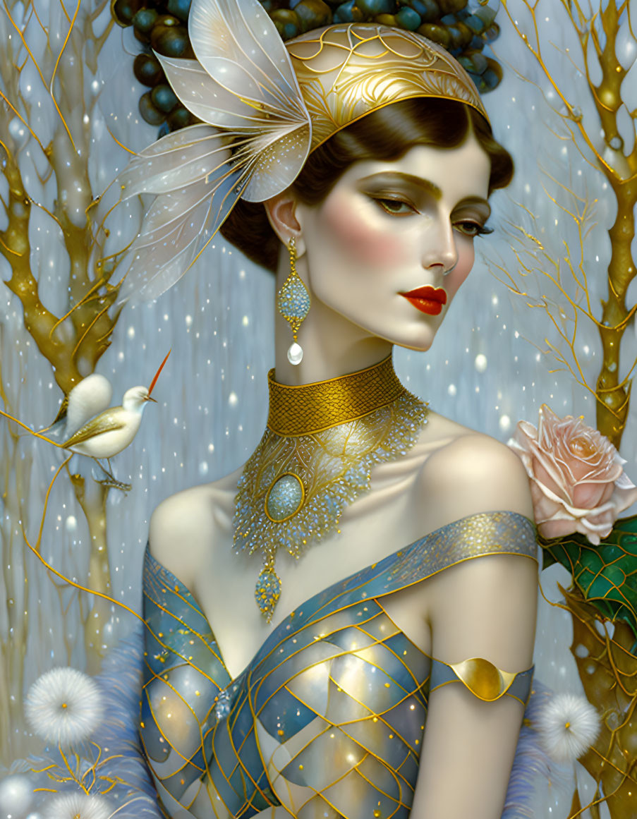 Illustrated woman in art deco attire with white flowers, birds, and gold accents