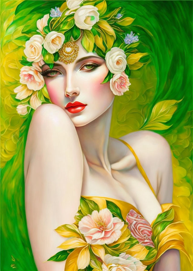 Surreal portrait of woman with flowers and gold jewelry in vibrant green backdrop