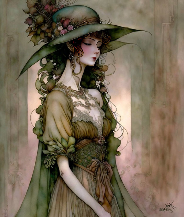 Vintage Green Dress and Flower Hat Illustration of Elegant Woman