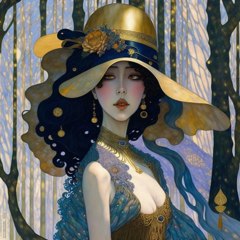 Illustration of female character with black hair in golden hat and blue dress in ethereal forest