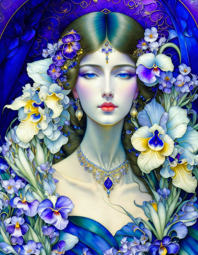 Portrait of Woman with Blue and Purple Floral Motifs and Jeweled Headpiece