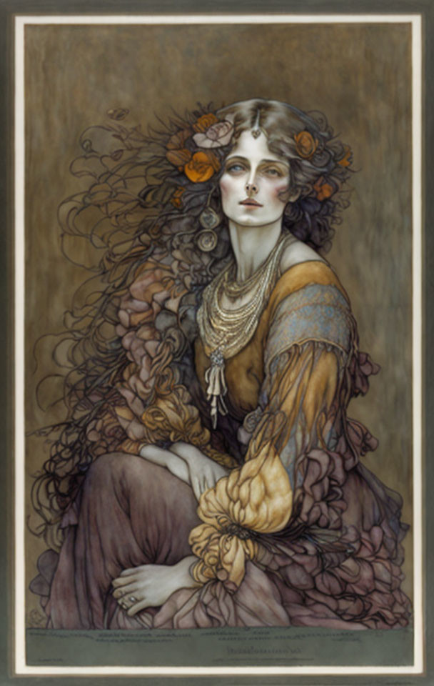 Art Nouveau style illustration of woman with flowing hair, flowers, gown, and jewelry