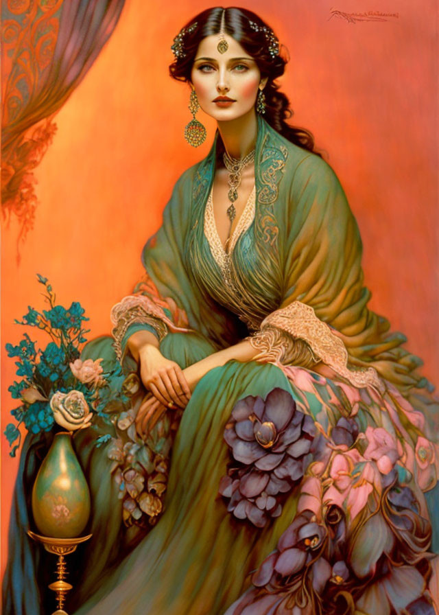 Vintage Green Dress Woman with Bouquet and Decorative Vase