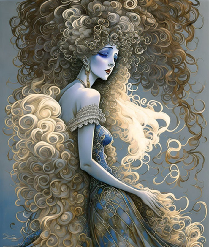 Ethereal female figure with intricate wavy hair and elegant attire