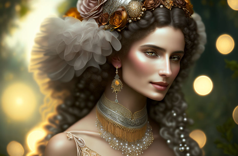 Elaborate Hairstyle Woman Portrait with Gold Accessories