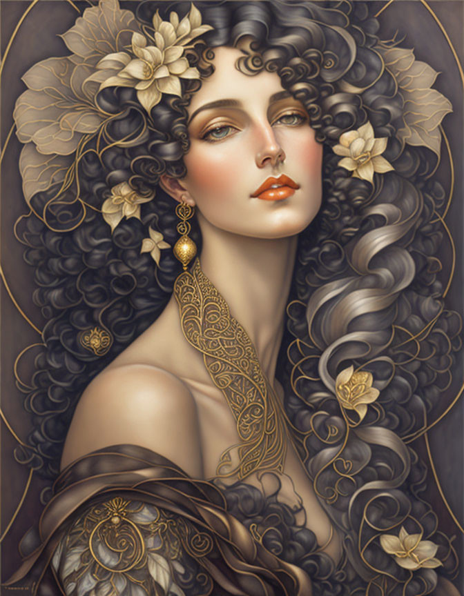 Portrait of Woman with Voluminous Curly Hair and Floral Accessories