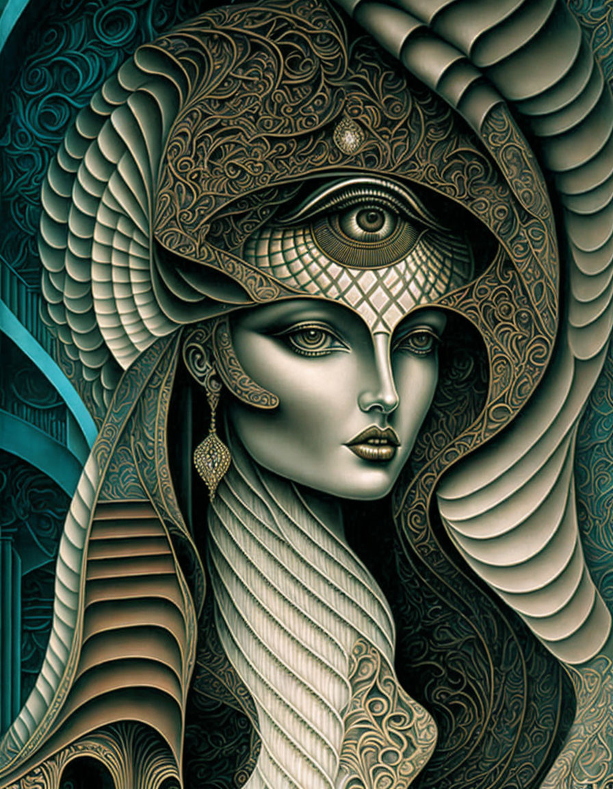 Intricate Art Nouveau and surrealism blend in woman artwork with third eye