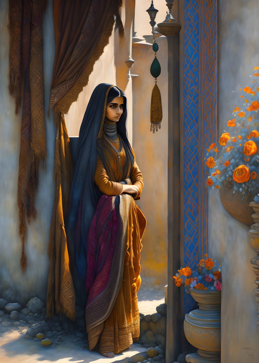 Traditional Attire Woman Near Ornate Pillars and Orange Flowers