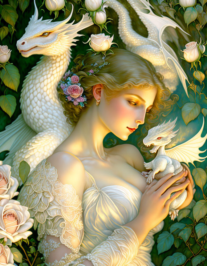 Woman in white dress with roses holding small dragon, larger dragon in lush garden.