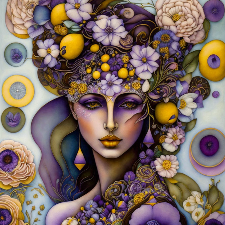 Vibrant portrait of a woman with floral and fruit patterns in purple and yellow