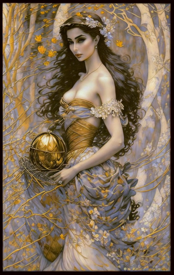 Dark-haired woman in golden gown with sphere, surrounded by trees, yellow flowers, and butterflies