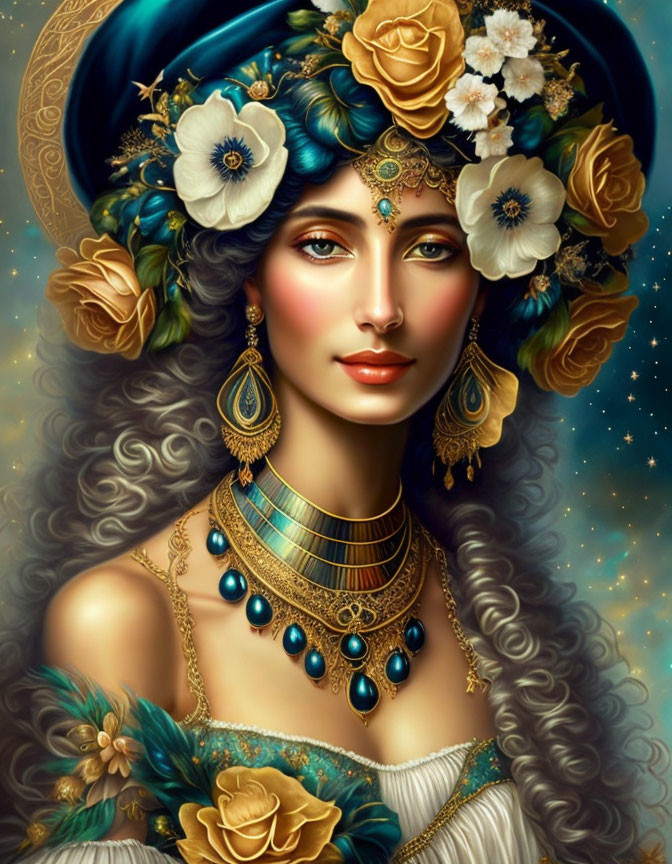 Digital artwork: Woman with golden earrings, blue and gold hat, wavy hair, intricate jewelry,