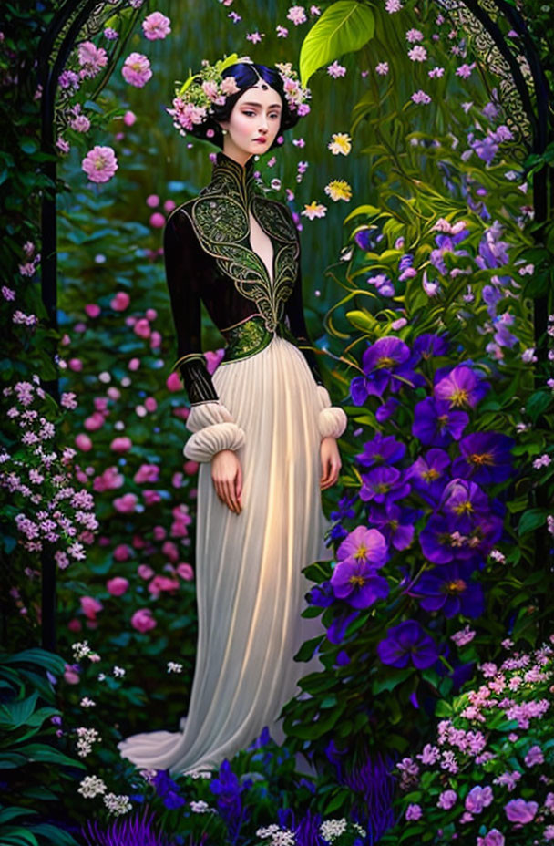 Digital illustration: Woman in elegant traditional Asian outfit surrounded by lush garden foliage.