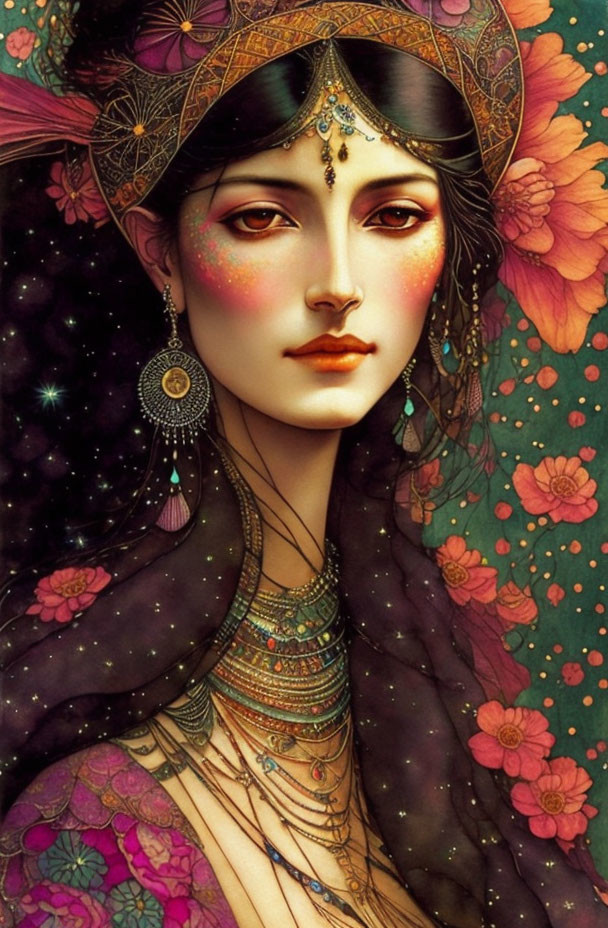 Vibrant illustrated portrait of woman with elaborate head jewelry, flowers, stars.