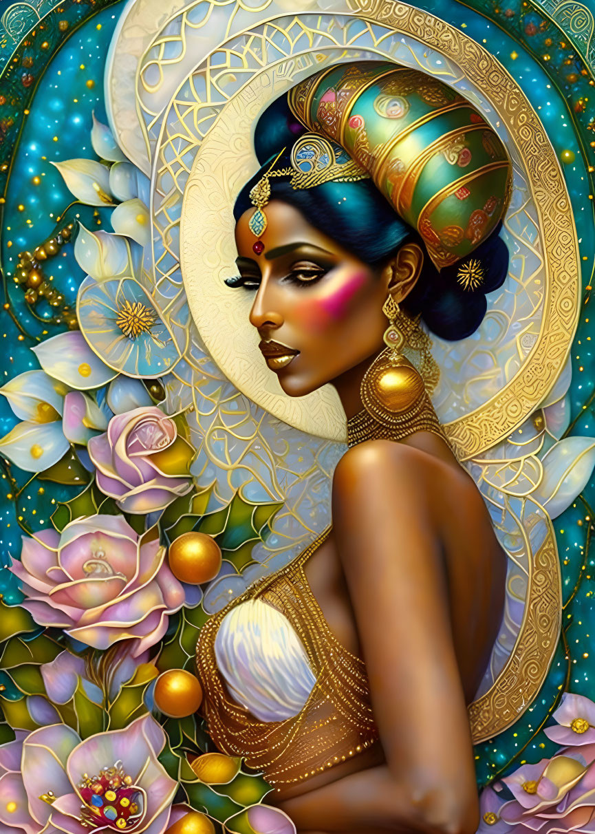 Blue-skinned woman with golden jewelry and headdress amid ornate patterns and lotus flowers.