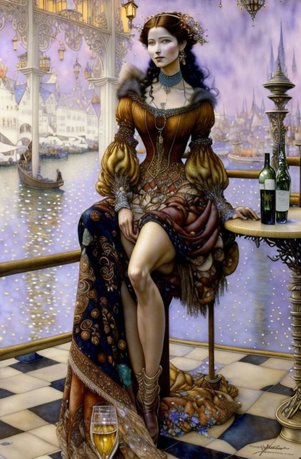 Regal woman in intricate gown at table overlooking fantasy cityscape