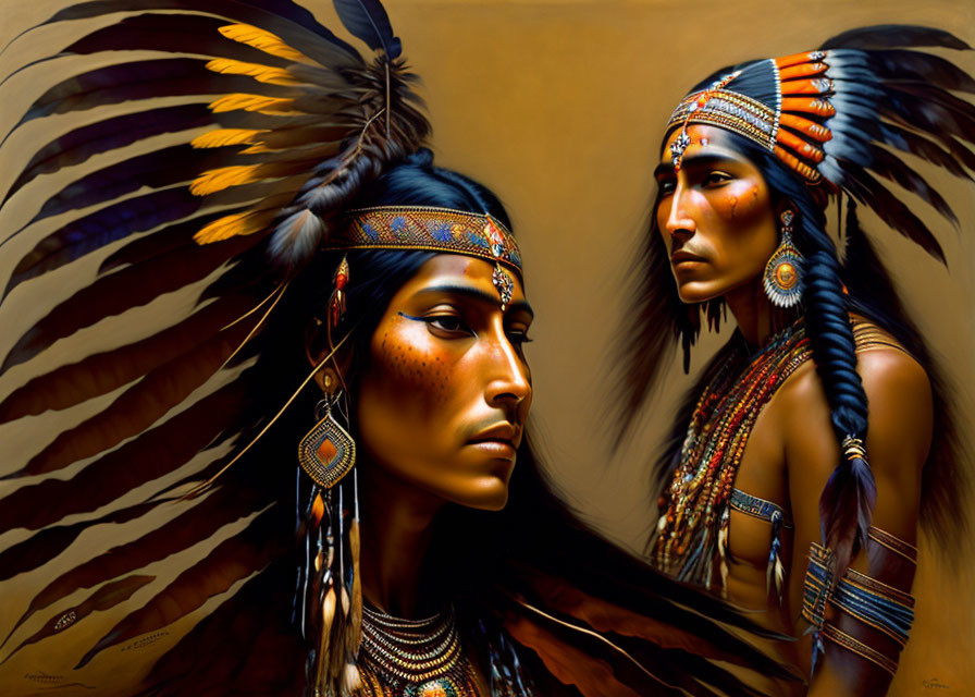 Native American individuals in feather headdresses and tribal jewelry showcase cultural presence