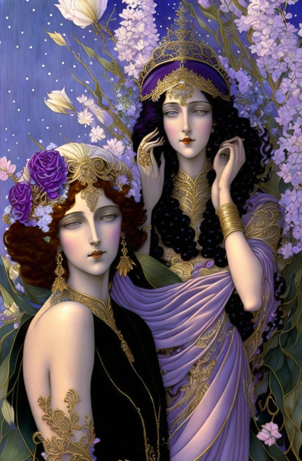 Stylized women in ornate headdresses and jewelry, one purple and one black, surrounded by