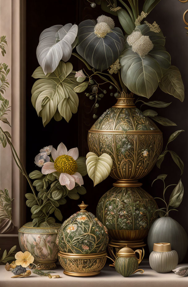 Ornate vase and ceramics with green plants and white flowers on dark background