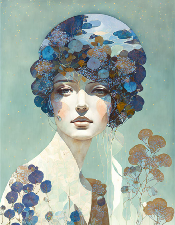 Serene-faced woman with floral headdress in abstract background