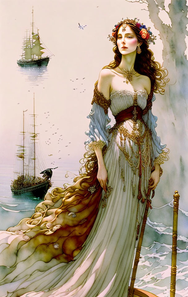 Illustrated woman in floral gown with peacock by the sea and ship