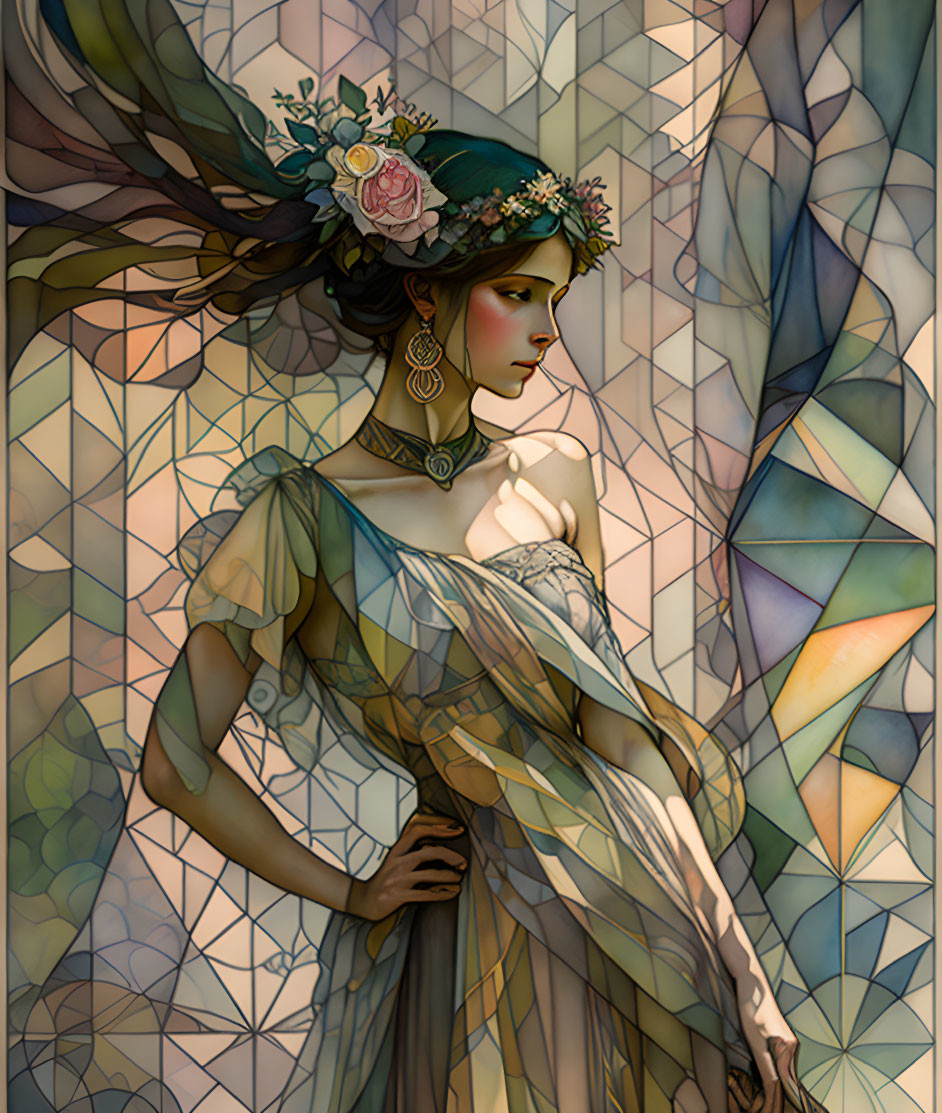 Elegant woman with flowing hair in vintage dress against stained glass background