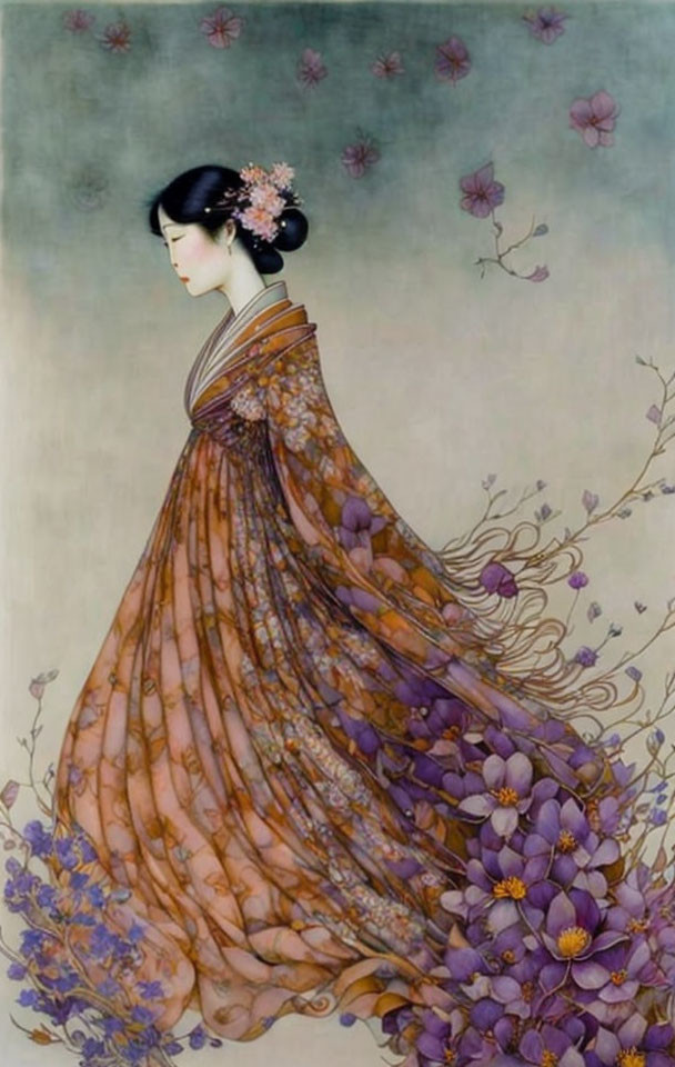 Detailed illustration of woman in ornate orange dress with purple flower embellishments