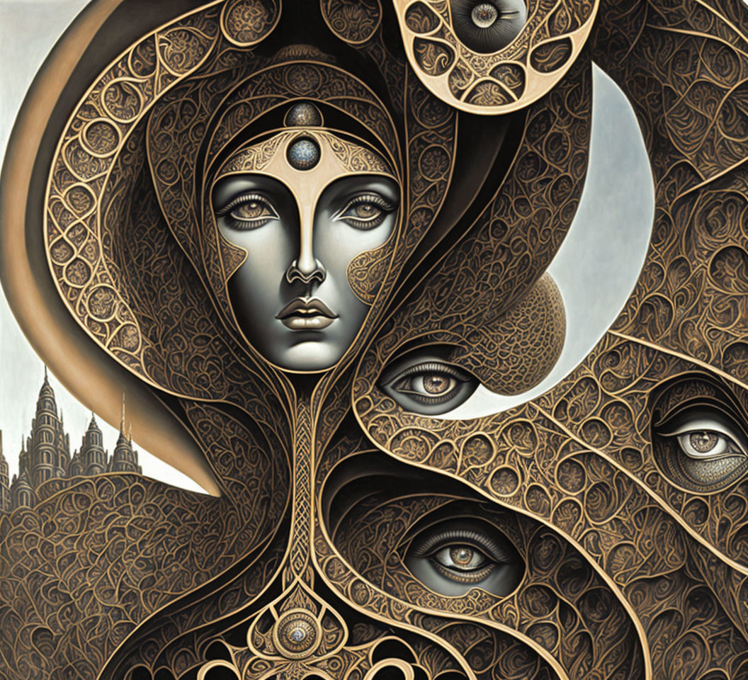 Surrealist artwork of woman's face with swirling patterns and multiple eyes