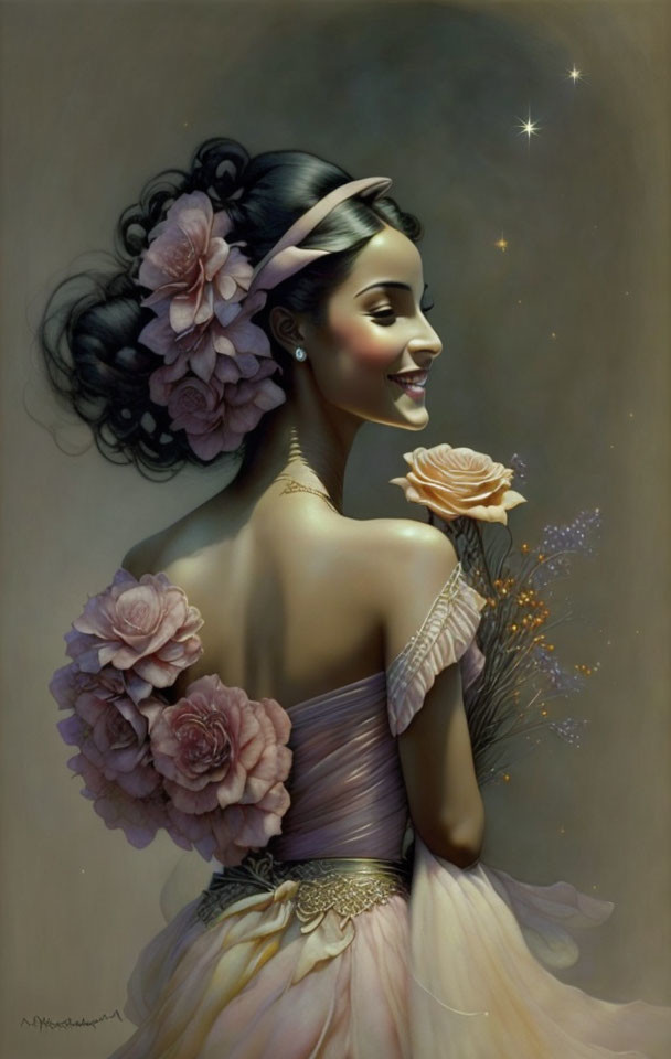 Graceful woman in elegant dress with pink flowers, holding rose under starry sparkle