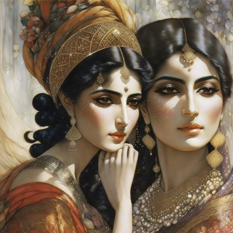 Detailed Indian attire illustration of two women with traditional jewelry