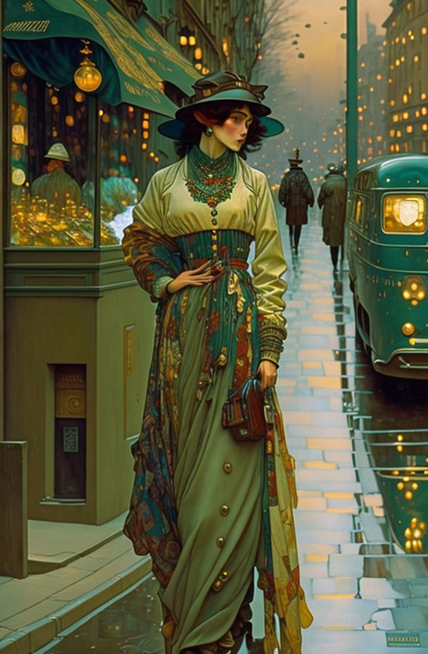 Vintage-style painting of woman in early 20th-century attire with classic car in detailed street scene